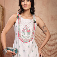 Elegant White Cotton Printed Straight Kurta Palazzo Set