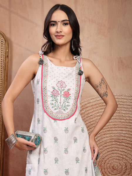 Elegant White Cotton Printed Straight Kurta Palazzo Set
