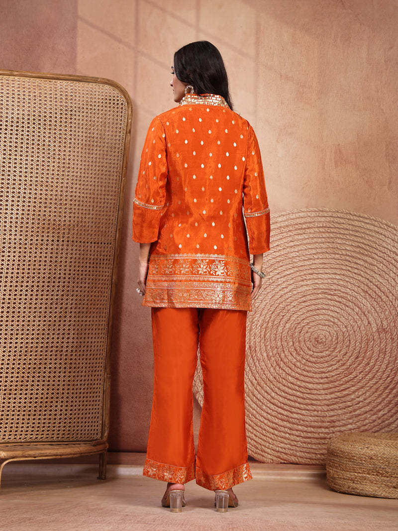 Rust Silk Tunic Palazzo Set with Elegant V-Neck & Self Design