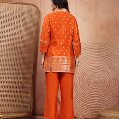 Rust Silk Tunic Palazzo Set with Elegant V-Neck & Self Design