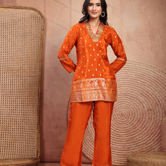 Rust Silk Tunic Palazzo Set with Elegant V-Neck & Self Design