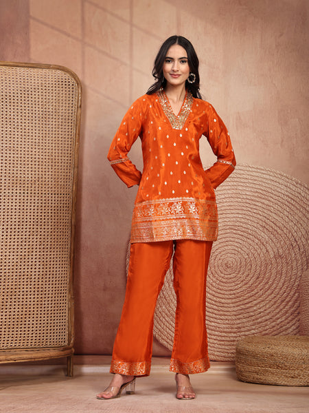 Rust Silk Tunic Palazzo Set with Elegant V-Neck & Self Design