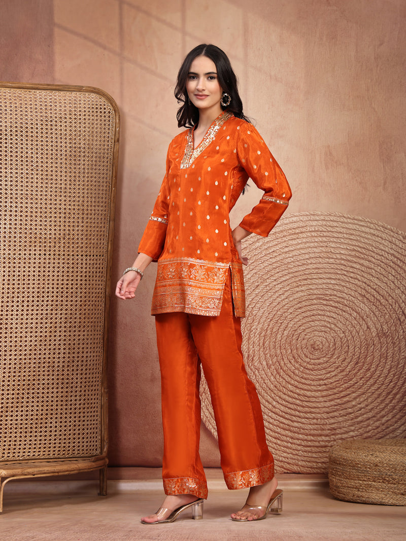 Rust Silk Tunic Palazzo Set with Elegant V-Neck & Self Design