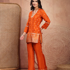 Rust Silk Tunic Palazzo Set with Elegant V-Neck & Self Design