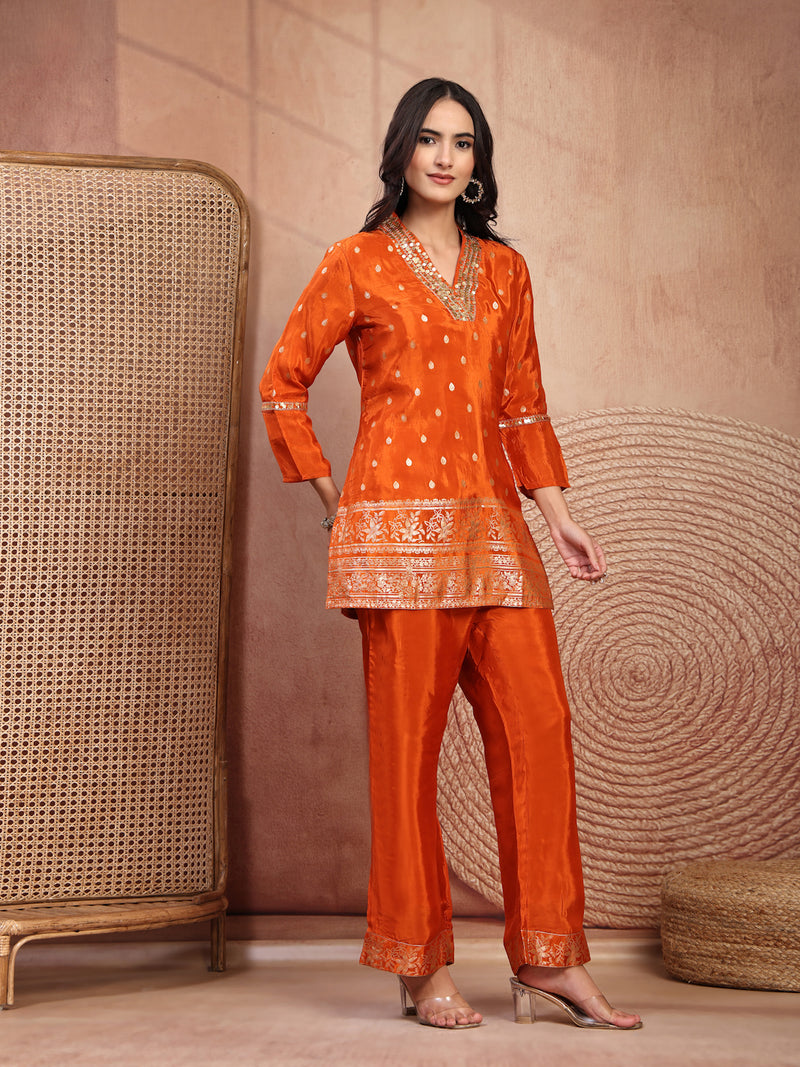 Rust Silk Tunic Palazzo Set with Elegant V-Neck & Self Design