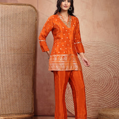 Rust Silk Tunic Palazzo Set with Elegant V-Neck & Self Design