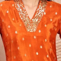 Rust Silk Tunic Palazzo Set with Elegant V-Neck & Self Design