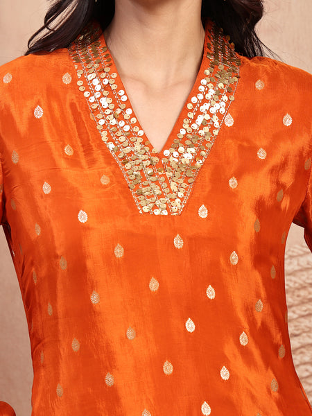 Rust Silk Tunic Palazzo Set with Elegant V-Neck & Self Design