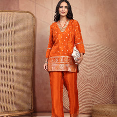 Rust Silk Tunic Palazzo Set with Elegant V-Neck & Self Design