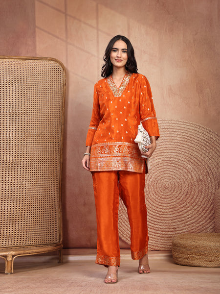 Rust Silk Tunic Palazzo Set with Elegant V-Neck & Self Design