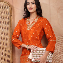 Rust Silk Tunic Palazzo Set with Elegant V-Neck & Self Design