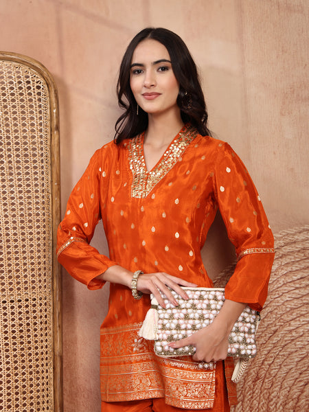 Rust Silk Tunic Palazzo Set with Elegant V-Neck & Self Design
