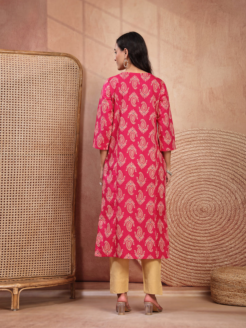Elegant Pink Rayon Straight Kurta with Embroidery & V-Neck