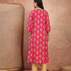 Elegant Pink Rayon Straight Kurta with Embroidery & V-Neck