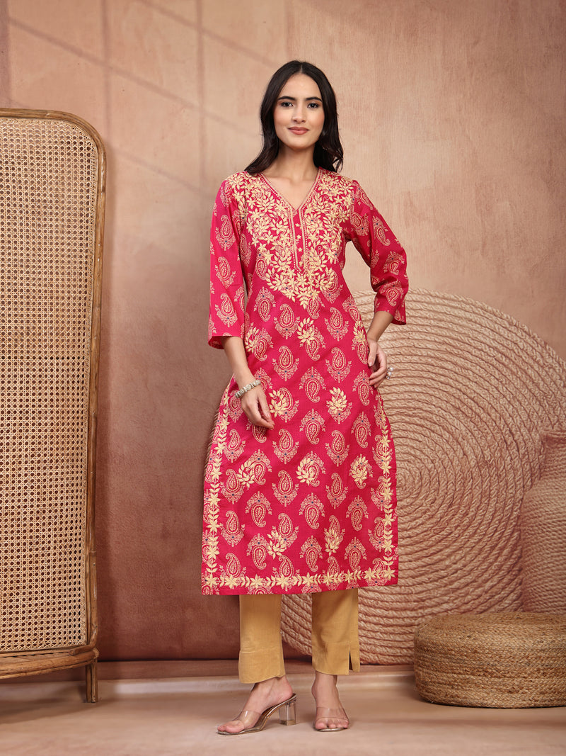 Elegant Pink Rayon Straight Kurta with Embroidery & V-Neck