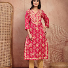 Elegant Pink Rayon Straight Kurta with Embroidery & V-Neck