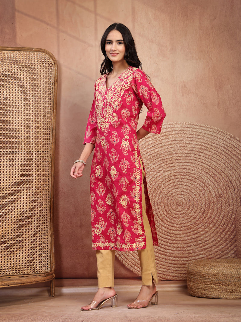 Elegant Pink Rayon Straight Kurta with Embroidery & V-Neck