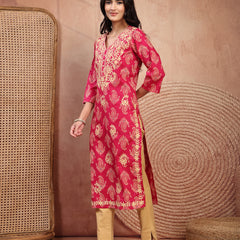 Elegant Pink Rayon Straight Kurta with Embroidery & V-Neck