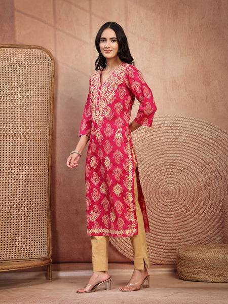 Elegant Pink Rayon Straight Kurta with Embroidery & V-Neck