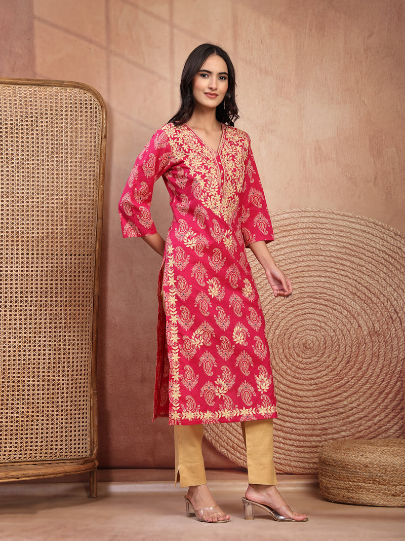 Elegant Pink Rayon Straight Kurta with Embroidery & V-Neck