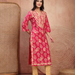 Elegant Pink Rayon Straight Kurta with Embroidery & V-Neck