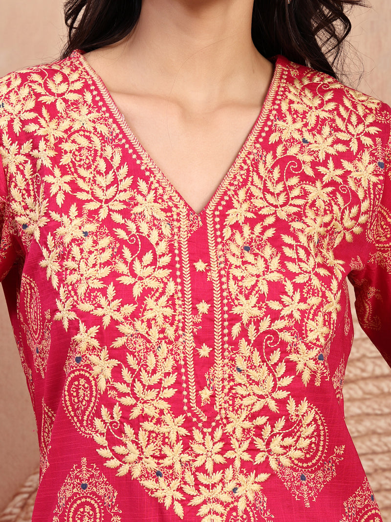 Elegant Pink Rayon Straight Kurta with Embroidery & V-Neck