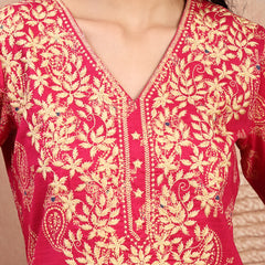 Elegant Pink Rayon Straight Kurta with Embroidery & V-Neck