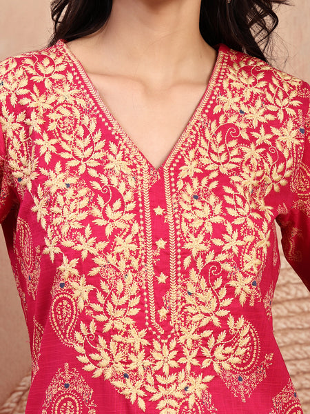 Elegant Pink Rayon Straight Kurta with Embroidery & V-Neck