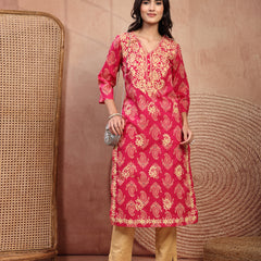 Elegant Pink Rayon Straight Kurta with Embroidery & V-Neck