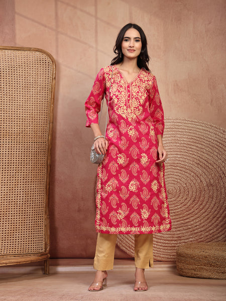 Elegant Pink Rayon Straight Kurta with Embroidery & V-Neck