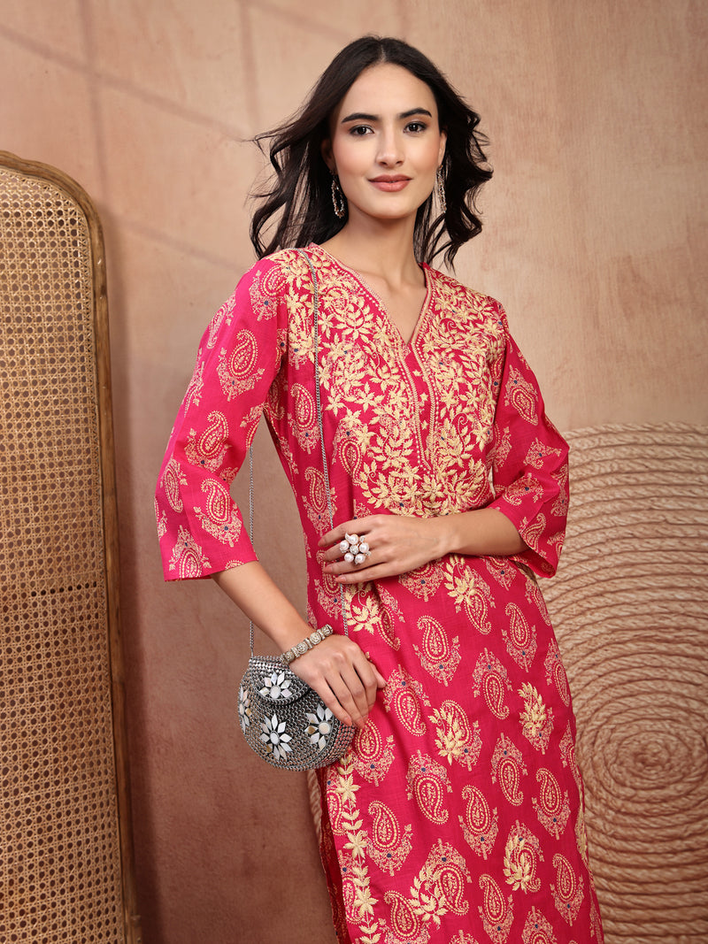Elegant Pink Rayon Straight Kurta with Embroidery & V-Neck
