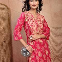 Elegant Pink Rayon Straight Kurta with Embroidery & V-Neck