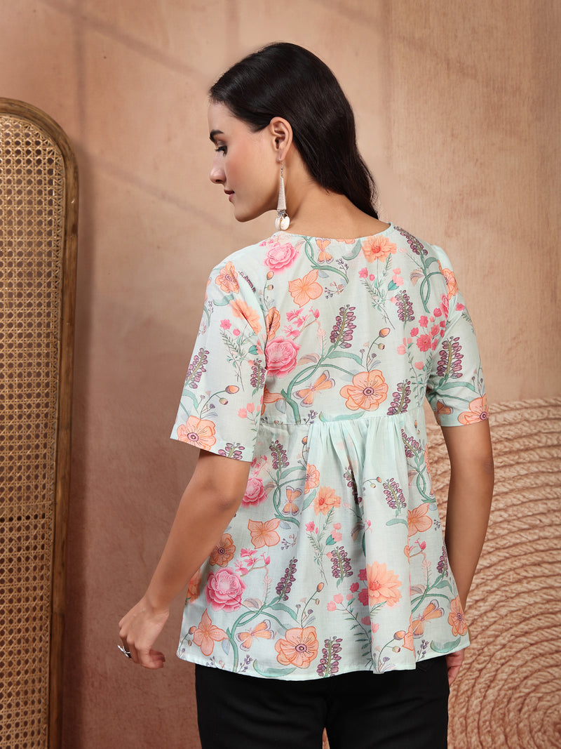 Stylish Green Cotton Printed Top with Notch Neck
