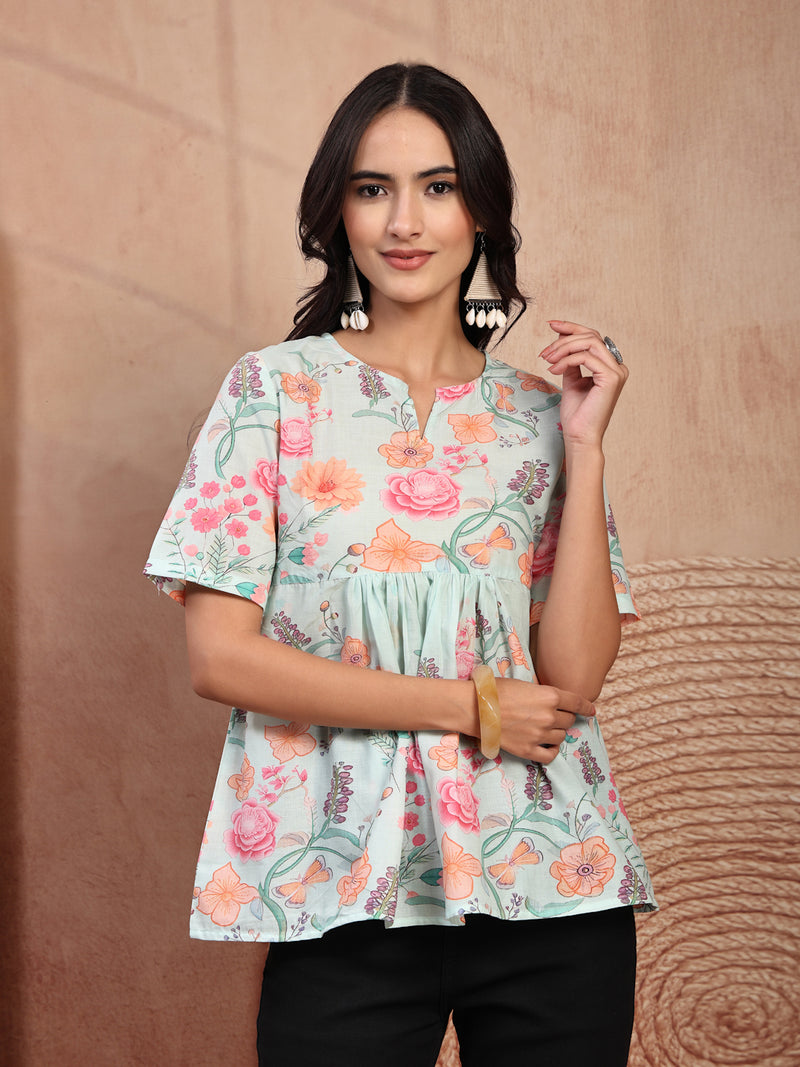 Stylish Green Cotton Printed Top with Notch Neck