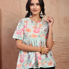 Stylish Green Cotton Printed Top with Notch Neck