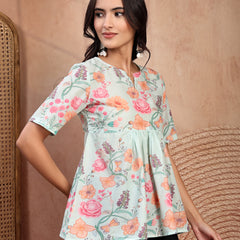 Stylish Green Cotton Printed Top with Notch Neck