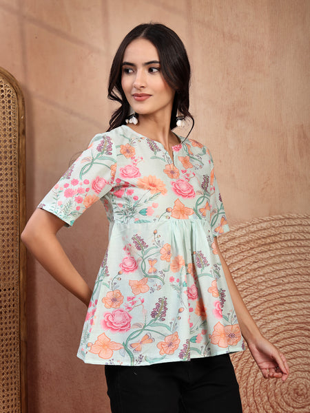 Stylish Green Cotton Printed Top with Notch Neck