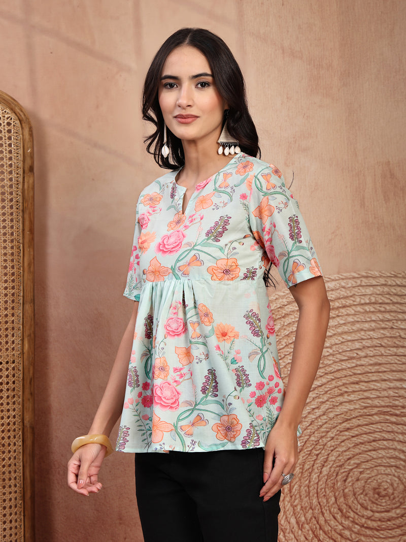 Stylish Green Cotton Printed Top with Notch Neck