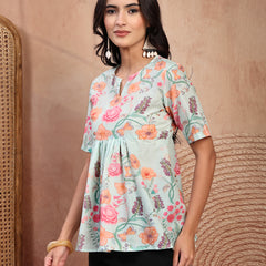 Stylish Green Cotton Printed Top with Notch Neck