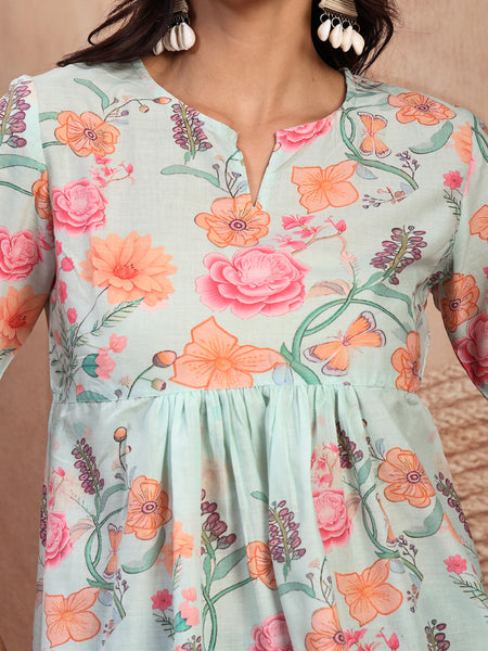 Stylish Green Cotton Printed Top with Notch Neck