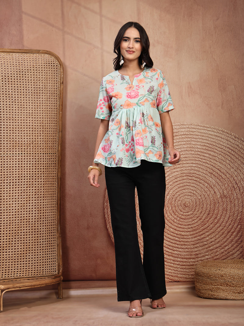 Stylish Green Cotton Printed Top with Notch Neck