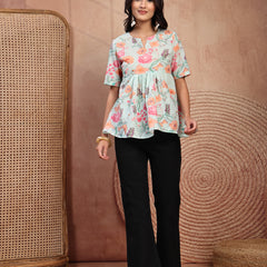 Stylish Green Cotton Printed Top with Notch Neck
