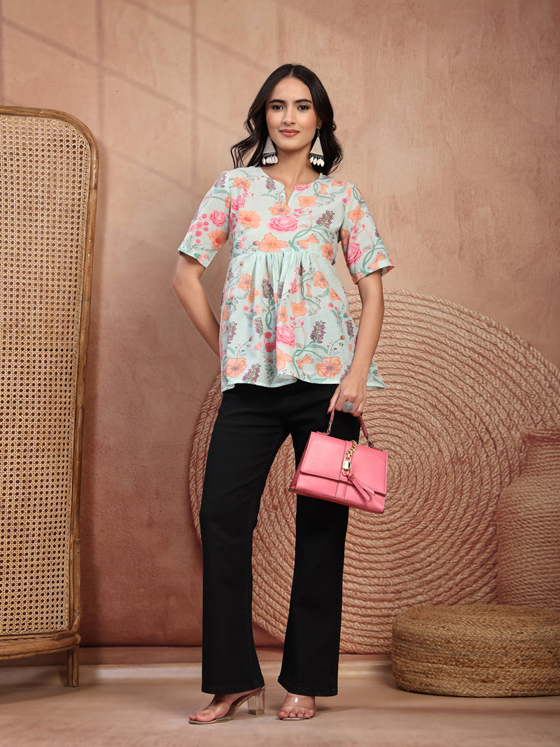 Stylish Green Cotton Printed Top with Notch Neck