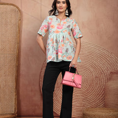Stylish Green Cotton Printed Top with Notch Neck