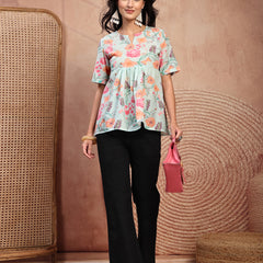 Stylish Green Cotton Printed Top with Notch Neck