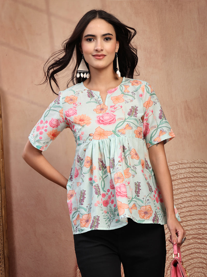 Stylish Green Cotton Printed Top with Notch Neck