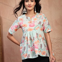 Stylish Green Cotton Printed Top with Notch Neck