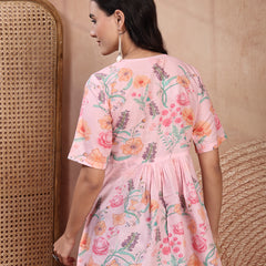 Stylish Pink Cotton Printed Top with Notch Neck