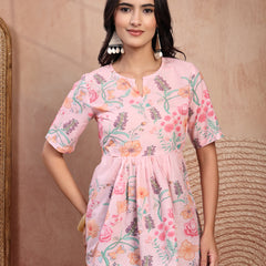 Stylish Pink Cotton Printed Top with Notch Neck