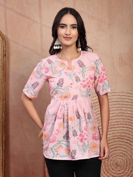 Stylish Pink Cotton Printed Top with Notch Neck